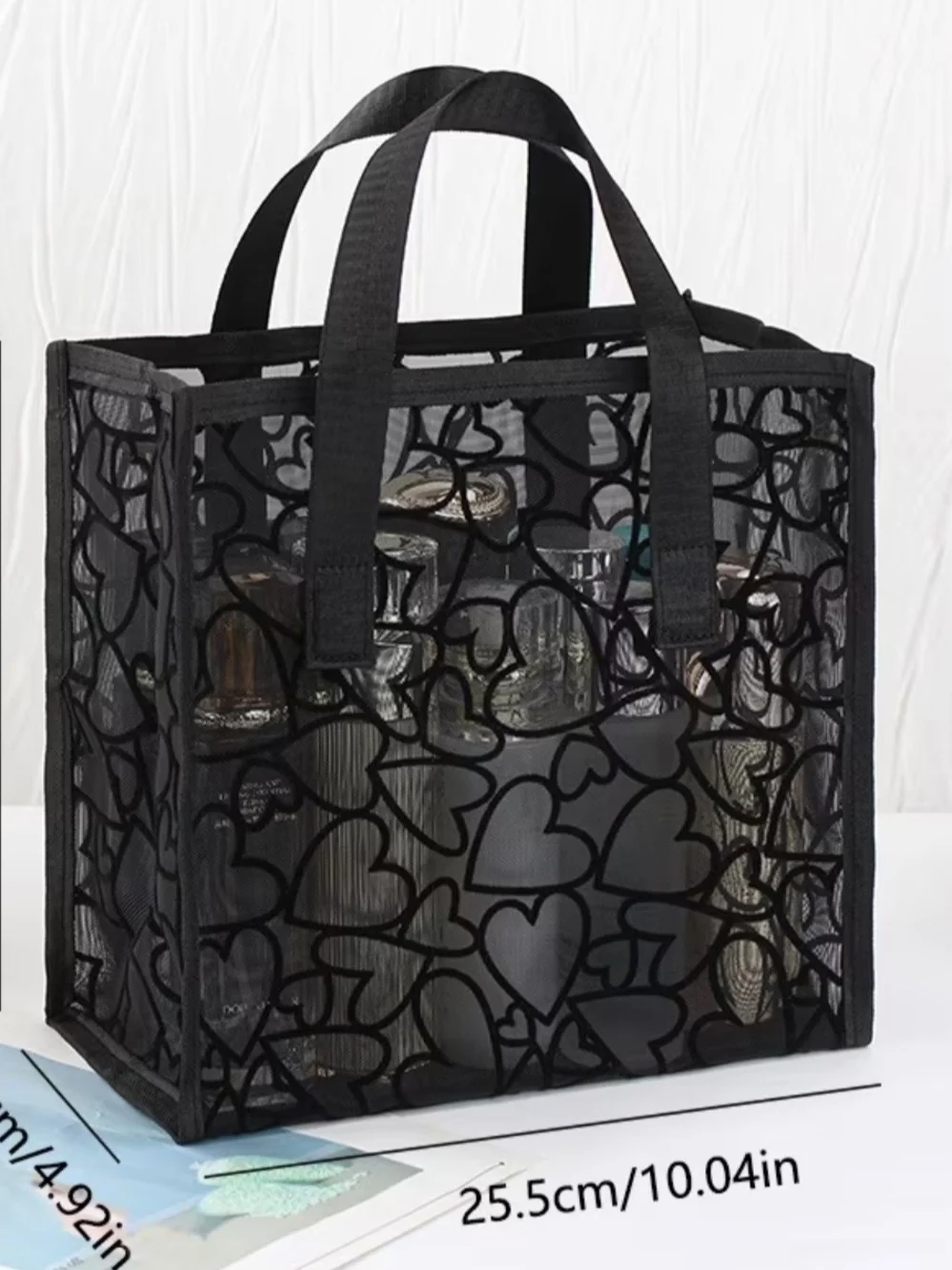 Black Heart Pattern Mesh Tote Organizer Bag -